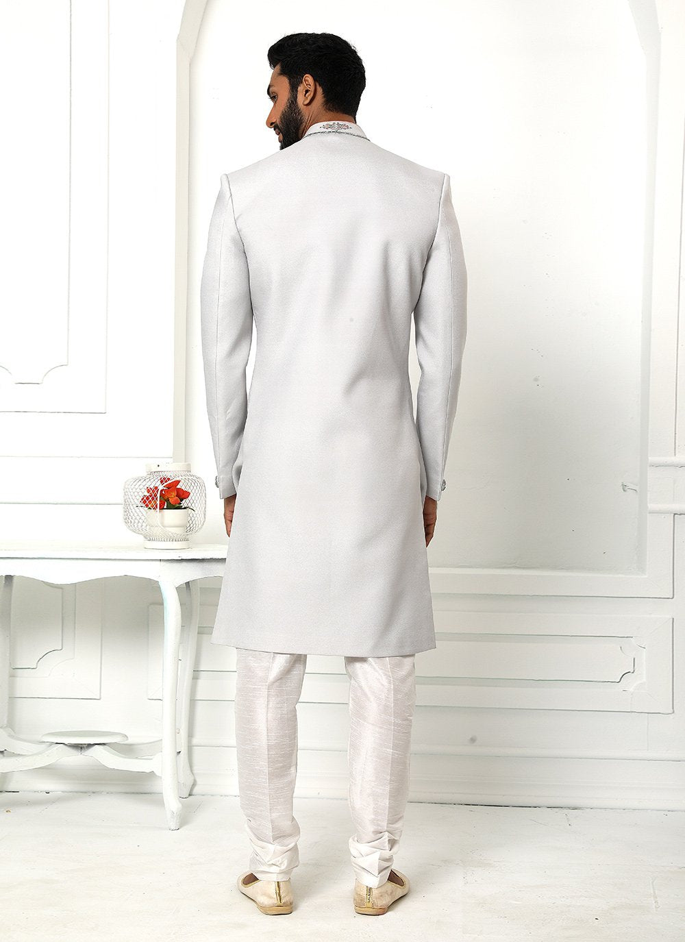 Sherwani Art Silk Grey Embroidered Mens