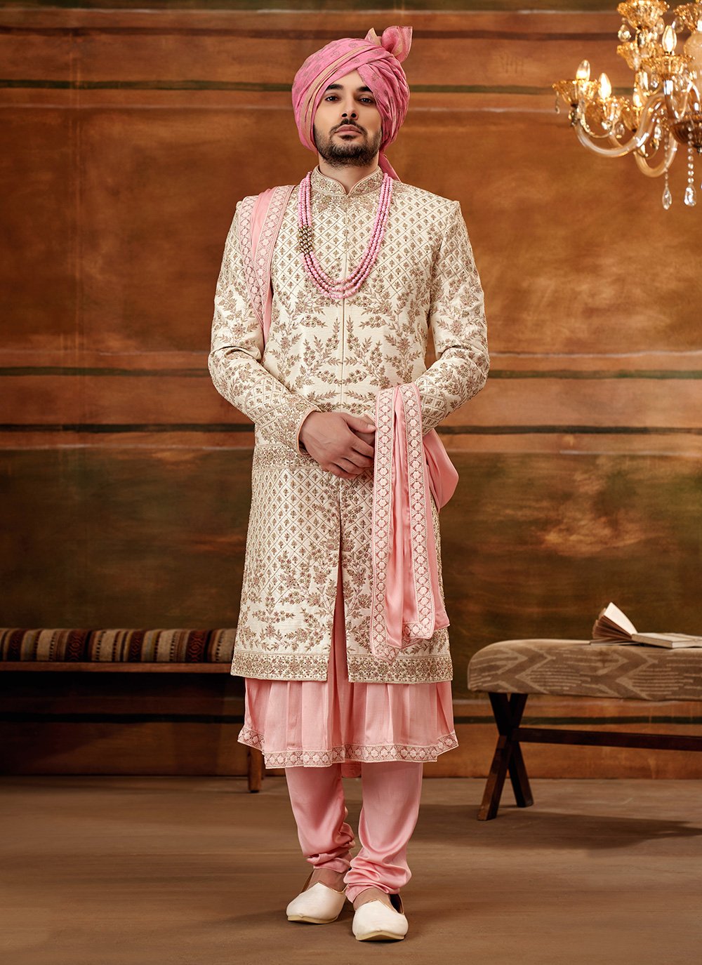 Sherwani Art Silk Cream Hand Work Mens