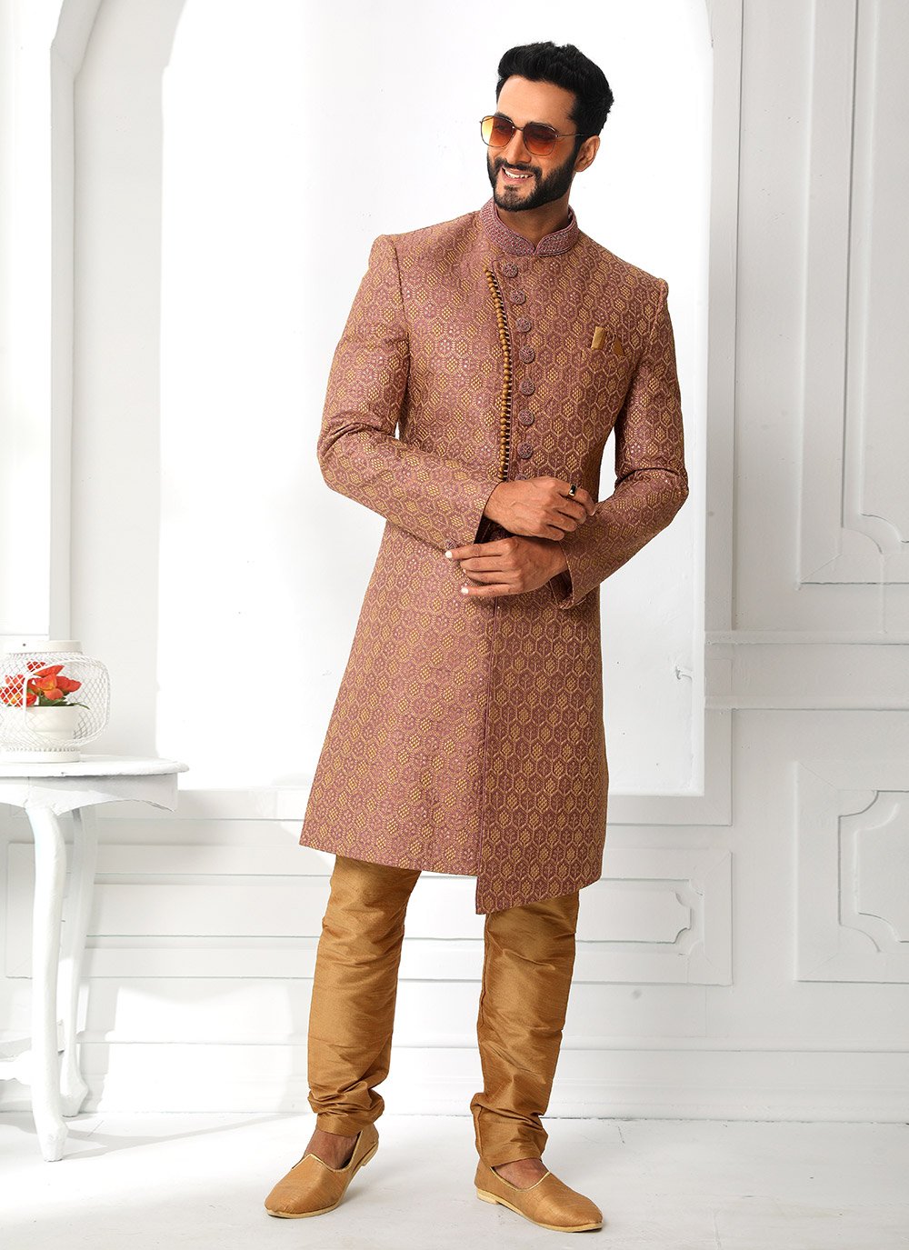 Sherwani Art Silk Maroon Machine Embroidery Mens