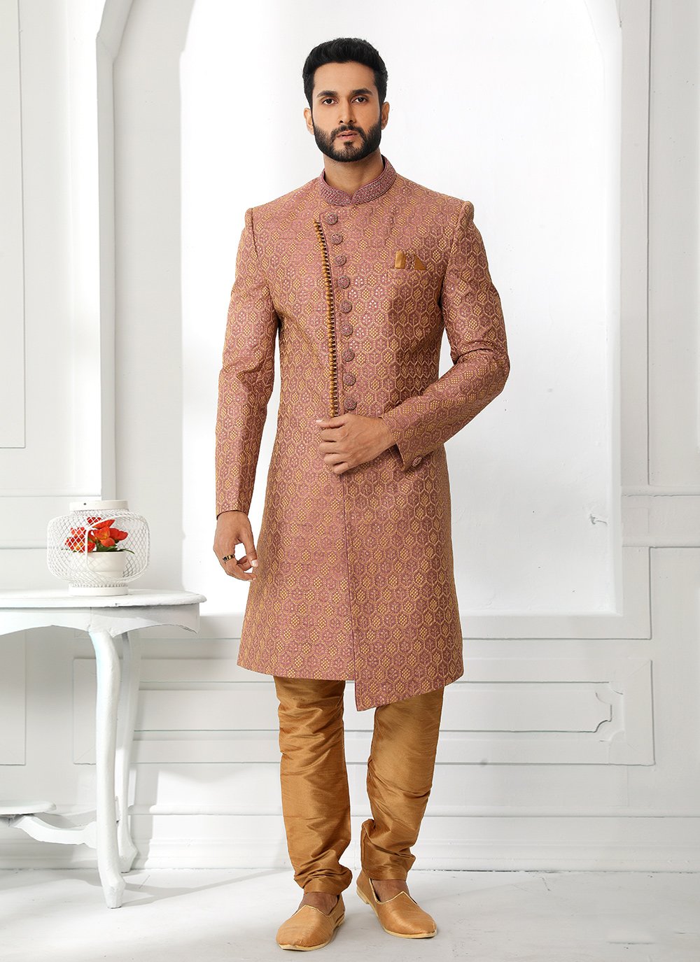 Sherwani Art Silk Maroon Machine Embroidery Mens