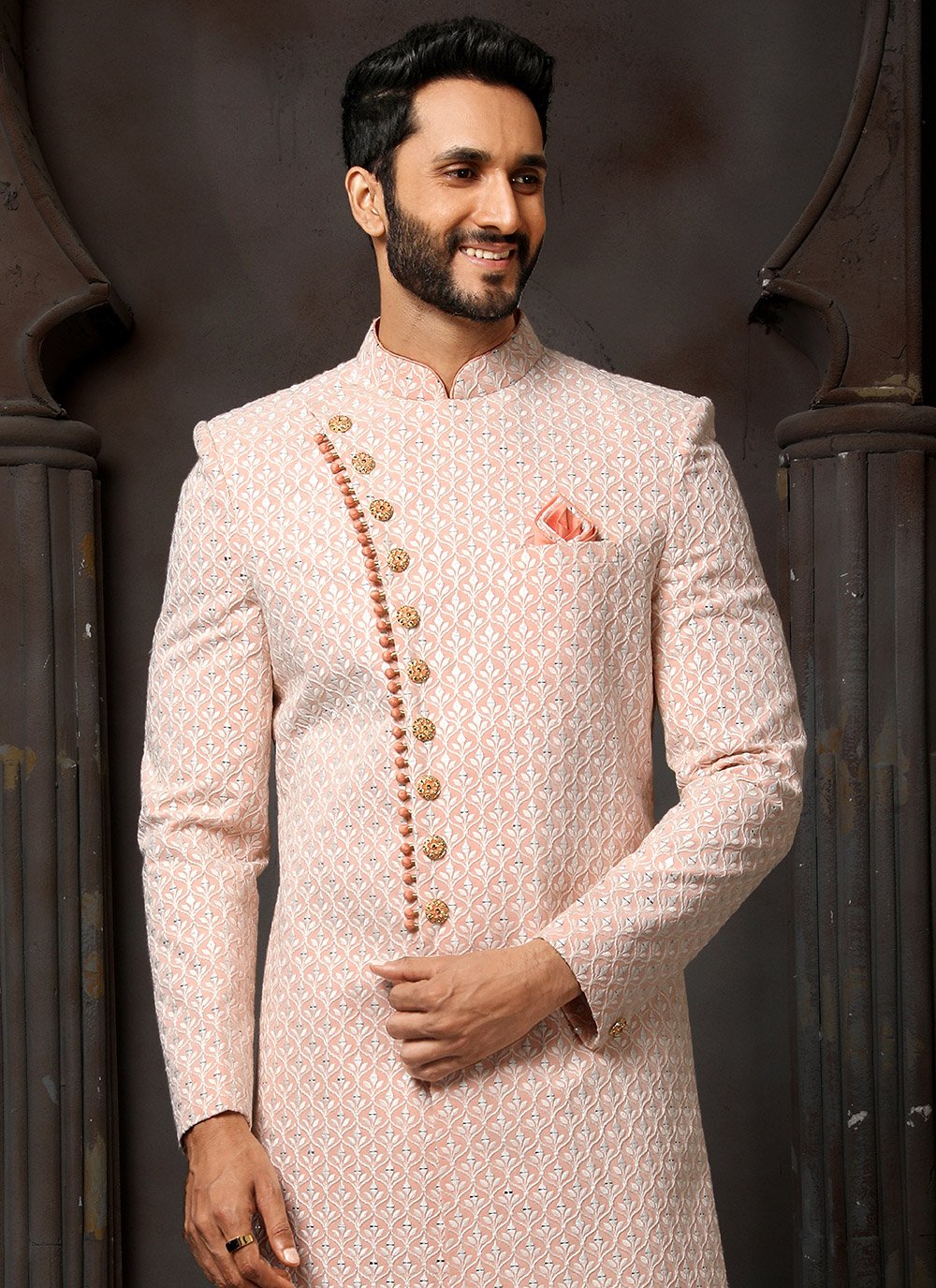 Sherwani Georgette Peach Machine Embroidery Mens