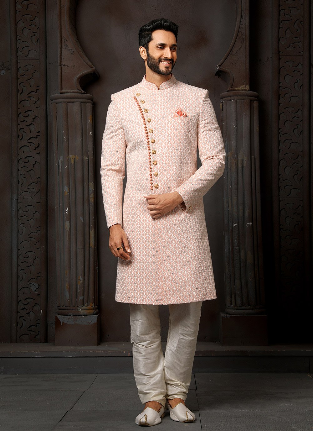 Sherwani Georgette Peach Machine Embroidery Mens