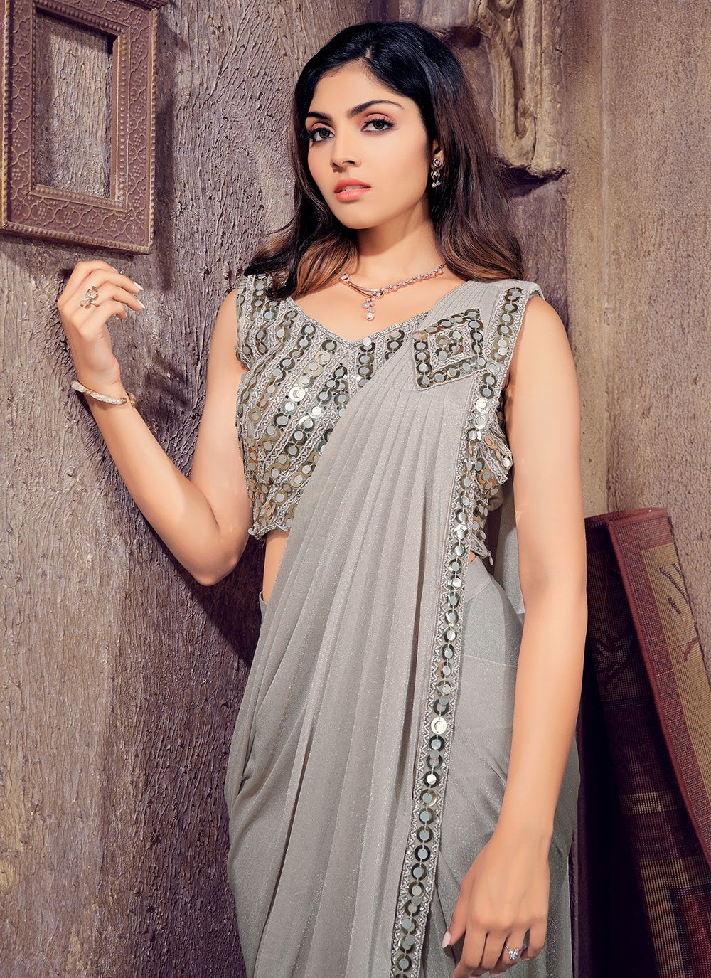 Classic Shimmer Grey Mirror Saree