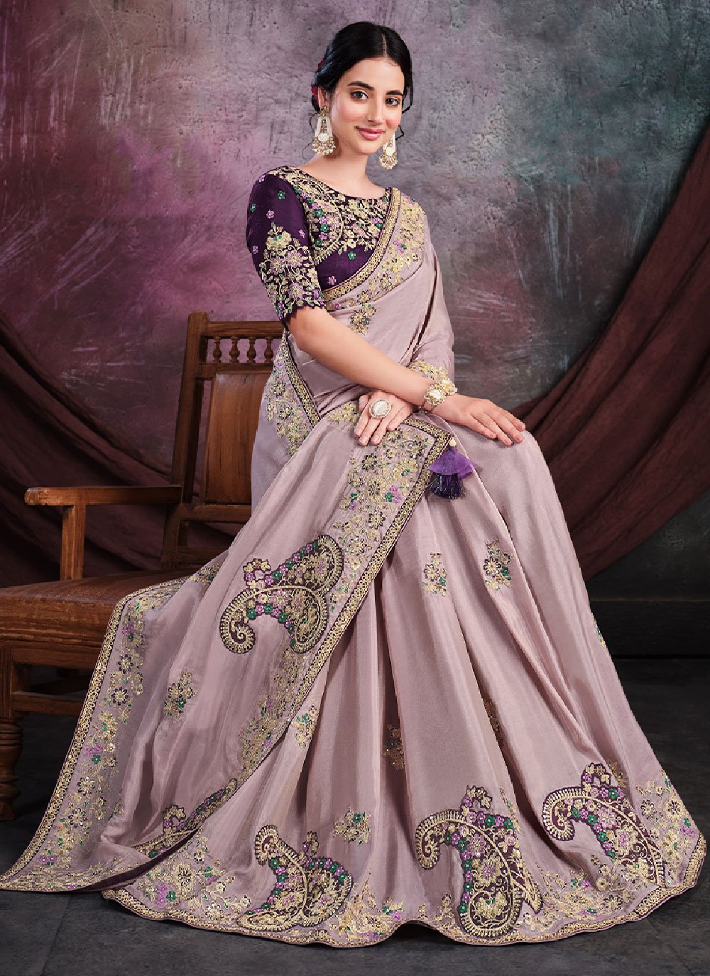 Classic Georgette Shimmer Silk Mauve Embroidered Saree