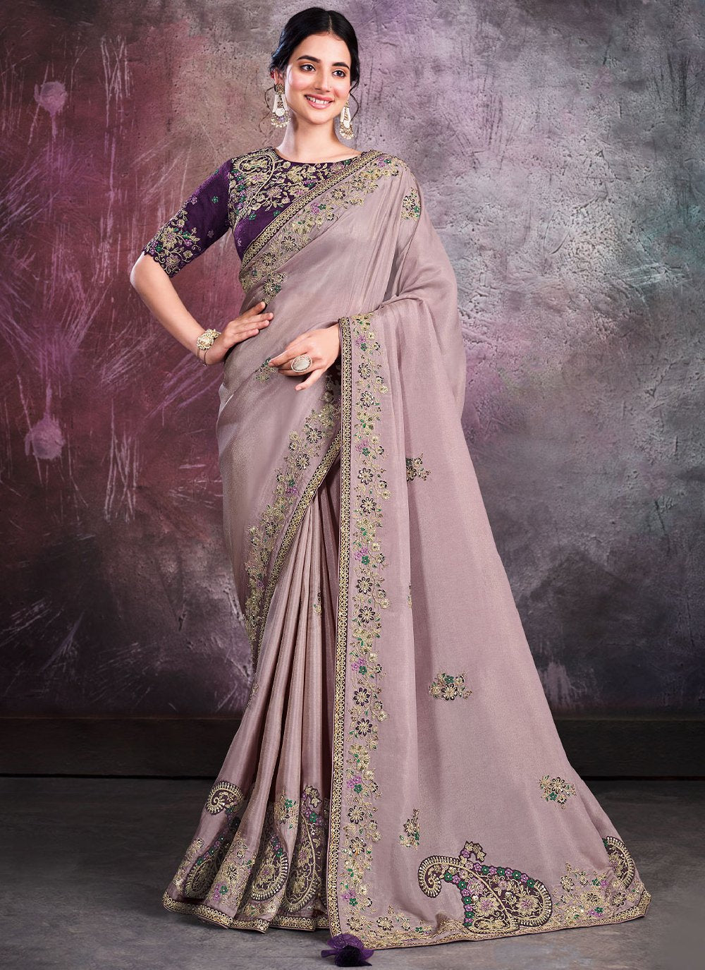 Classic Georgette Shimmer Silk Mauve Embroidered Saree