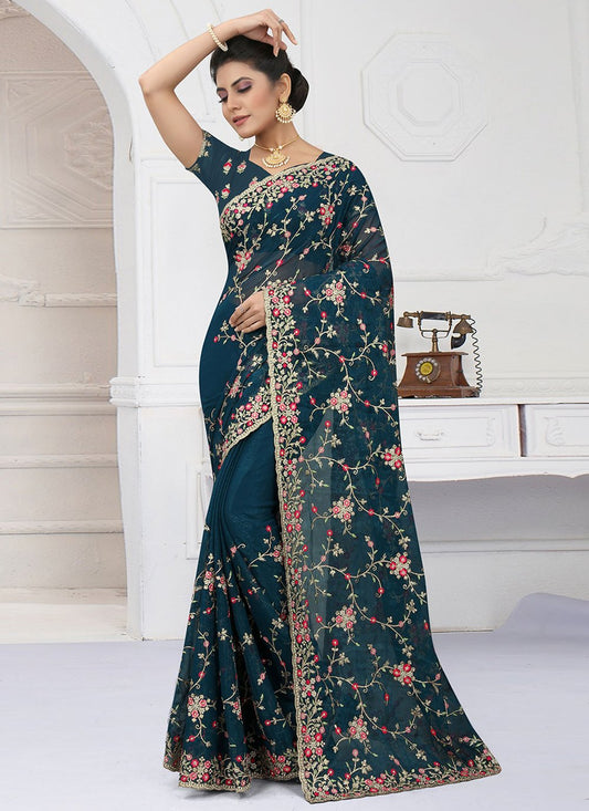 Designer Shimmer Teal Embroidered Saree