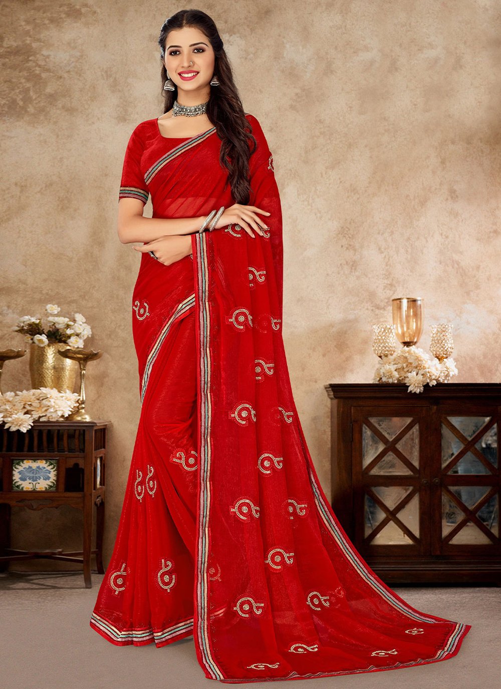 Traditional Saree Shimmer Red Embroidered Saree