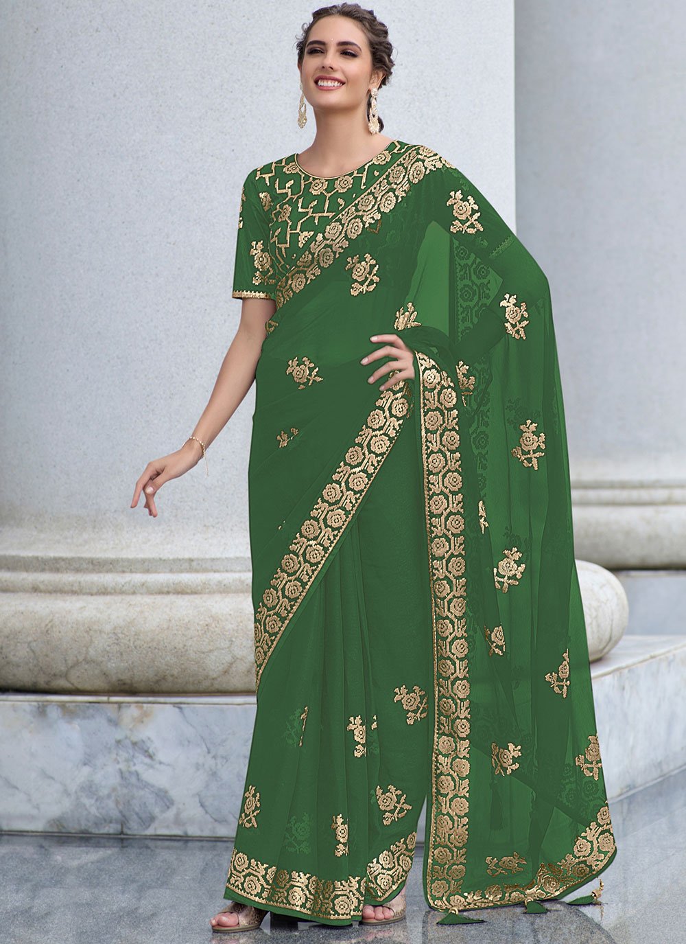 Contemporary Shimmer Georgette Green Sequins Saree