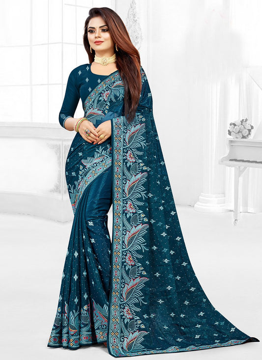 Designer Shimmer Georgette Turquoise Embroidered Saree