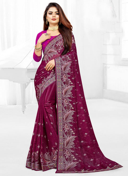 Classic Shimmer Georgette Purple Embroidered Saree