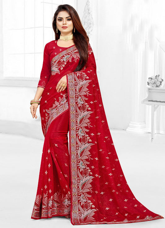 Traditional Saree Shimmer Georgette Red Embroidered Saree