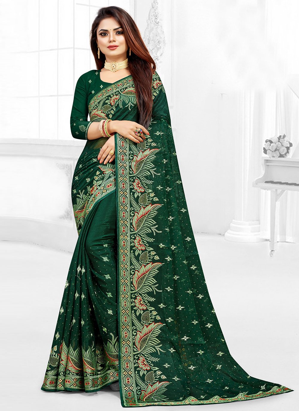 Trendy Saree Shimmer Georgette Green Embroidered Saree