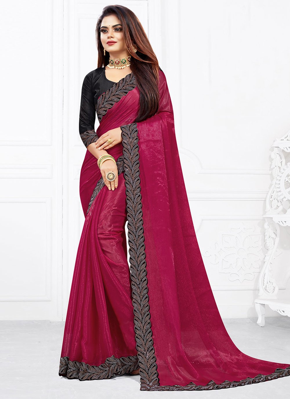 Designer Shimmer Georgette Maroon Lace Saree