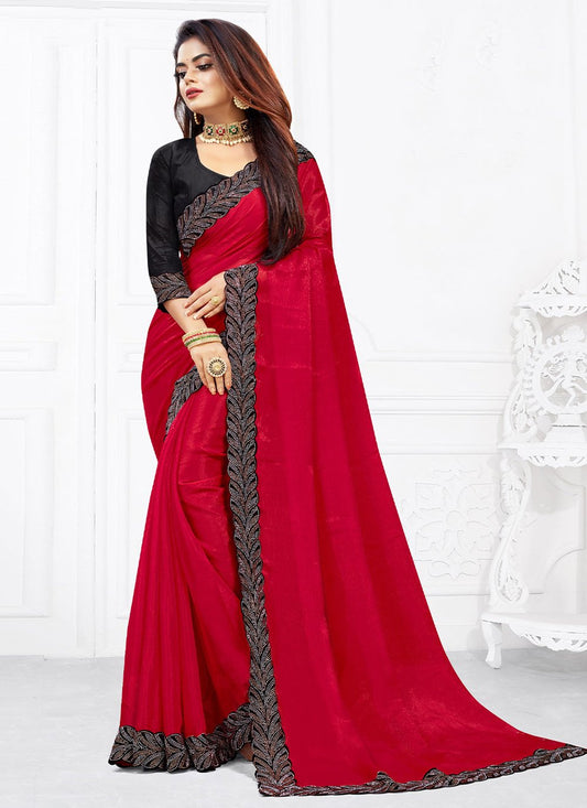 Classic Shimmer Georgette Red Lace Saree