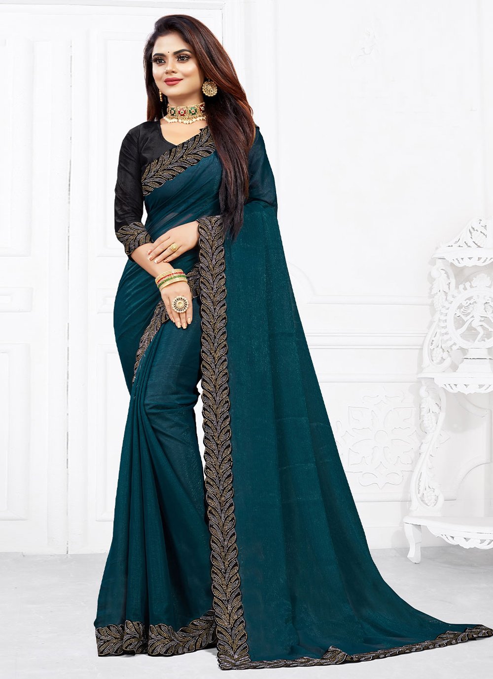 Designer Shimmer Georgette Teal Lace Saree