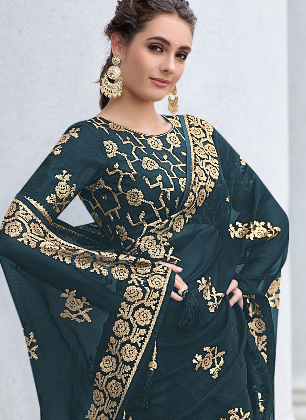 Trendy Saree Shimmer Georgette Teal Sequins Saree