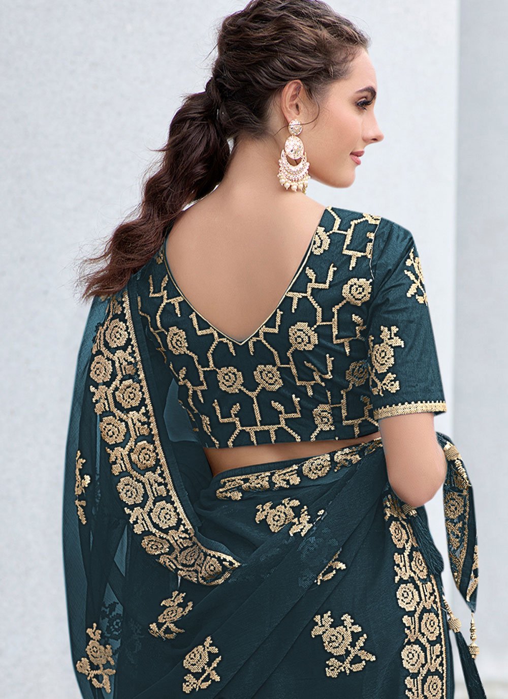 Trendy Saree Shimmer Georgette Teal Sequins Saree