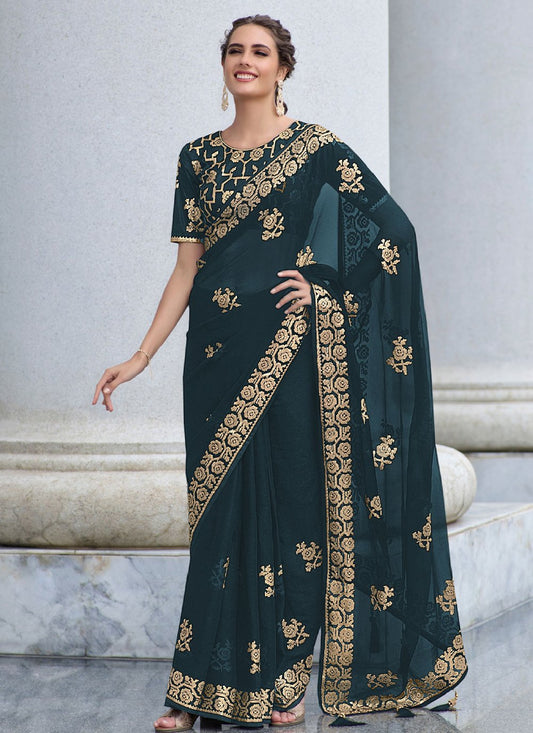 Trendy Saree Shimmer Georgette Teal Sequins Saree