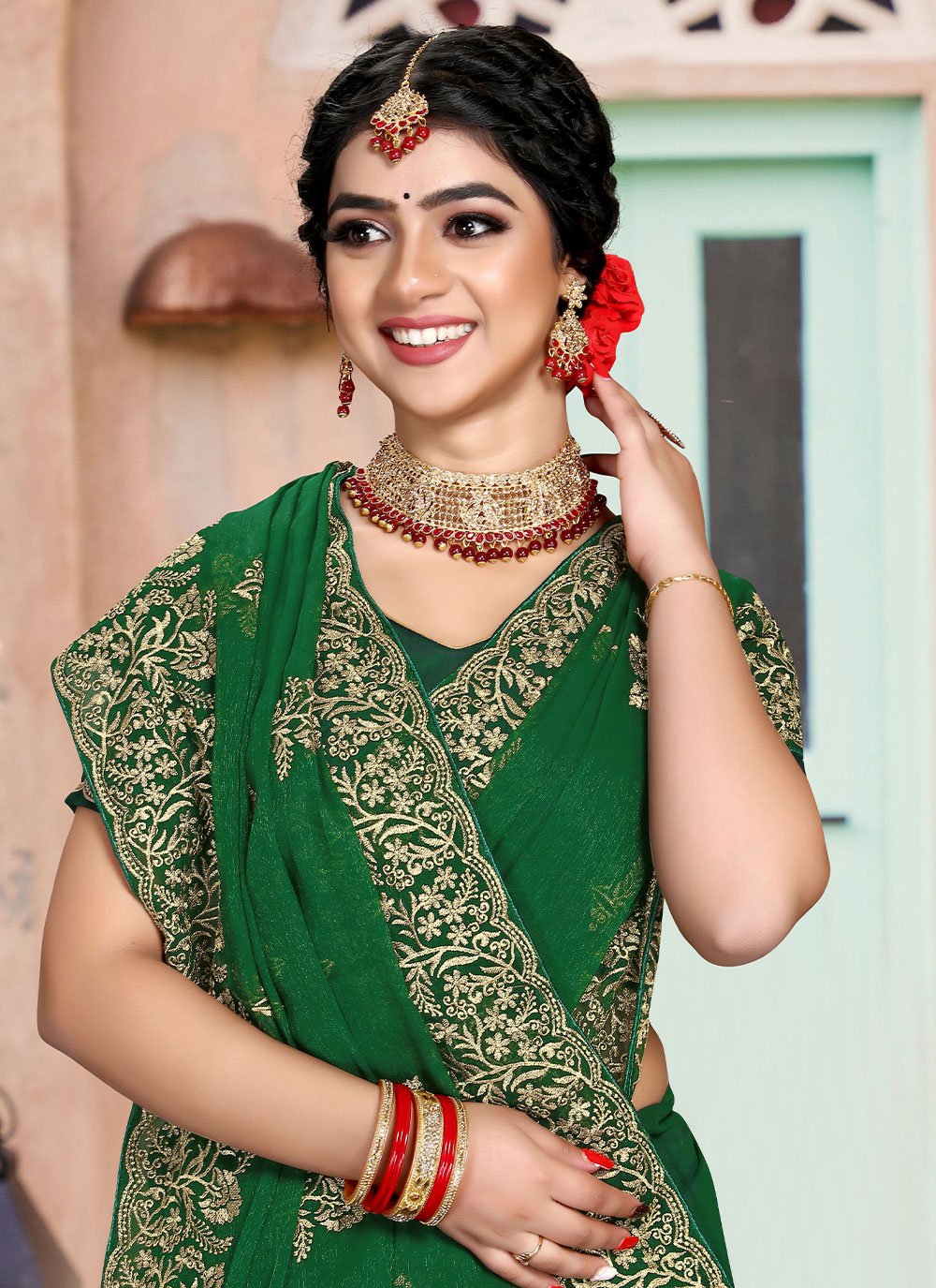 Classic Shimmer Silk Green Embroidered Saree