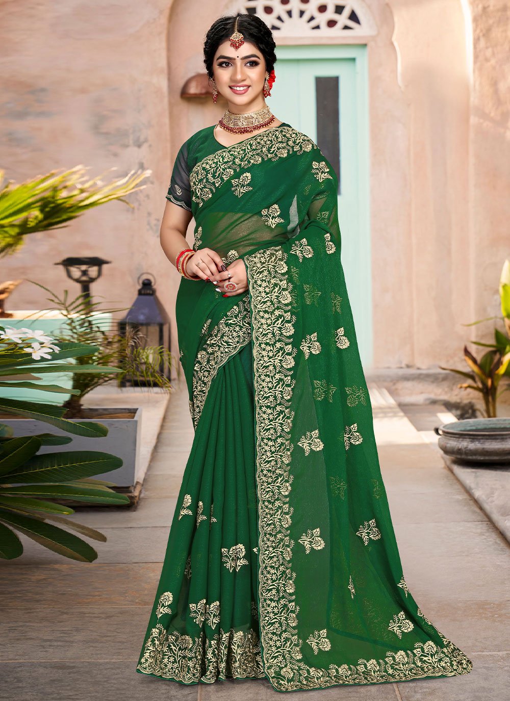 Classic Shimmer Silk Green Embroidered Saree