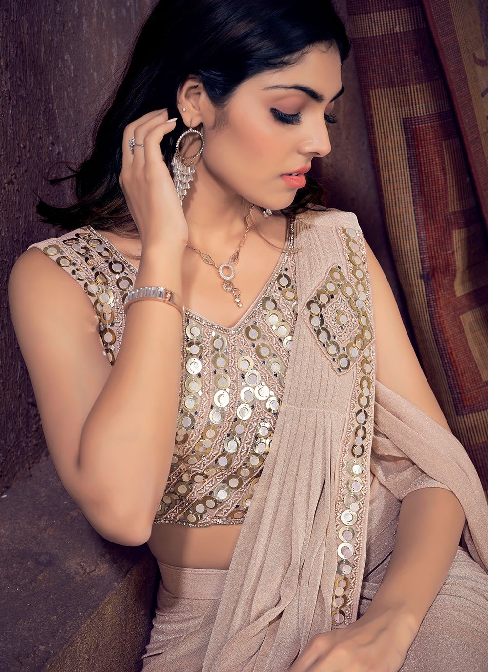 Contemporary Shimmer Beige Mirror Saree