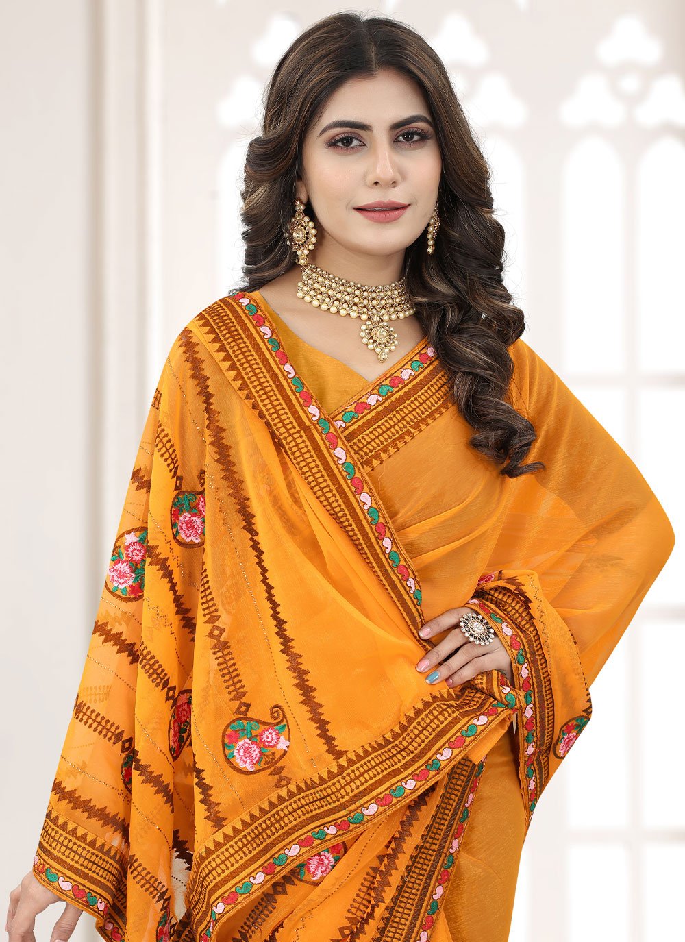 Classic Shimmer Silk Orange Embroidered Saree