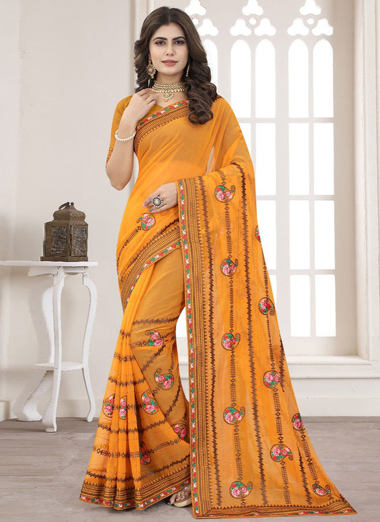 Classic Shimmer Silk Orange Embroidered Saree