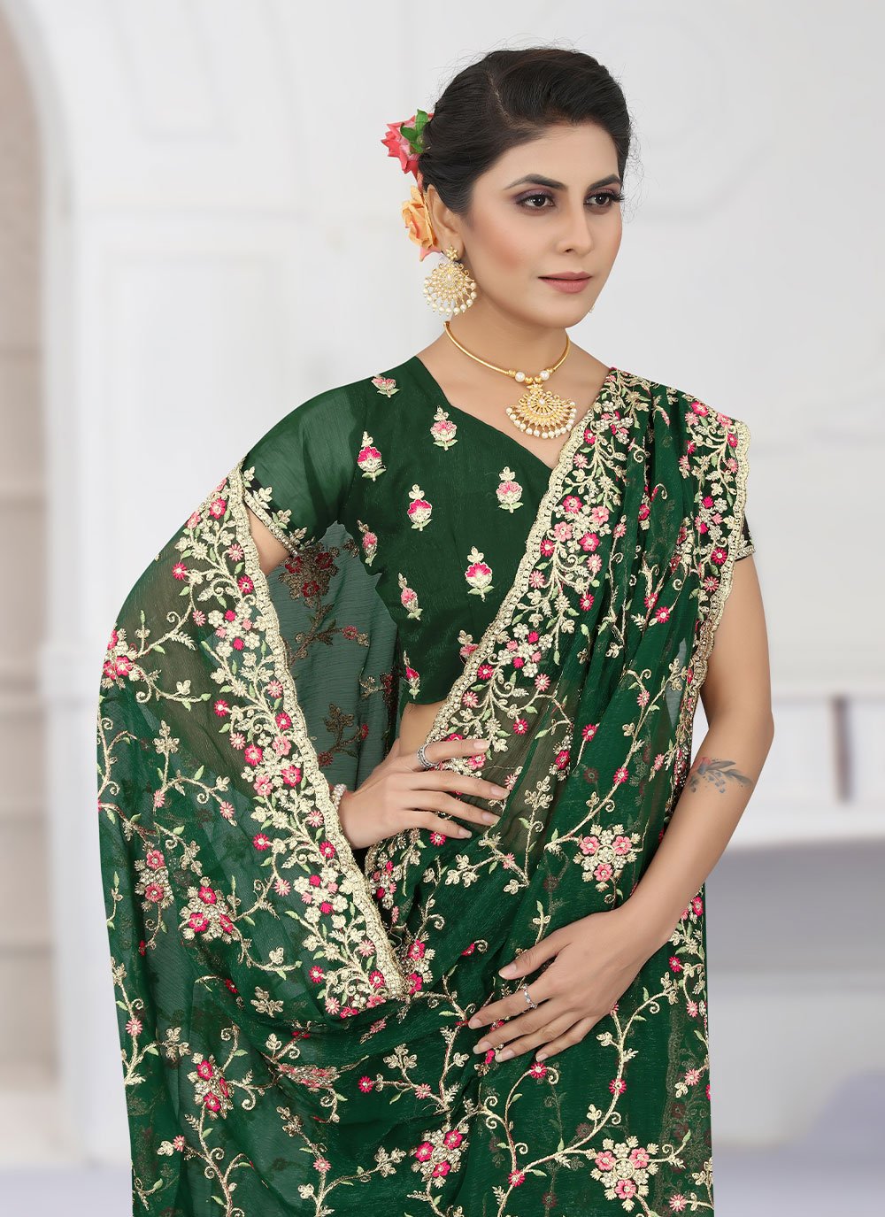 Contemporary Shimmer Green Embroidered Saree