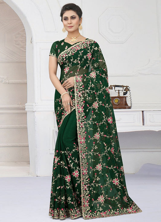 Contemporary Shimmer Green Embroidered Saree