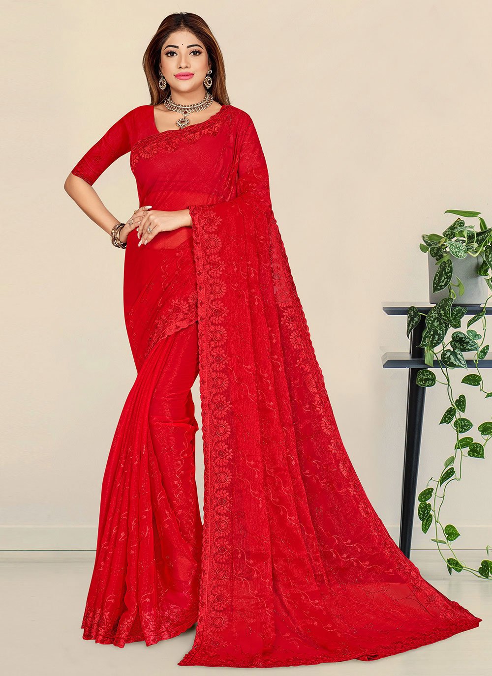 Trendy Saree Shimmer Red Embroidered Saree