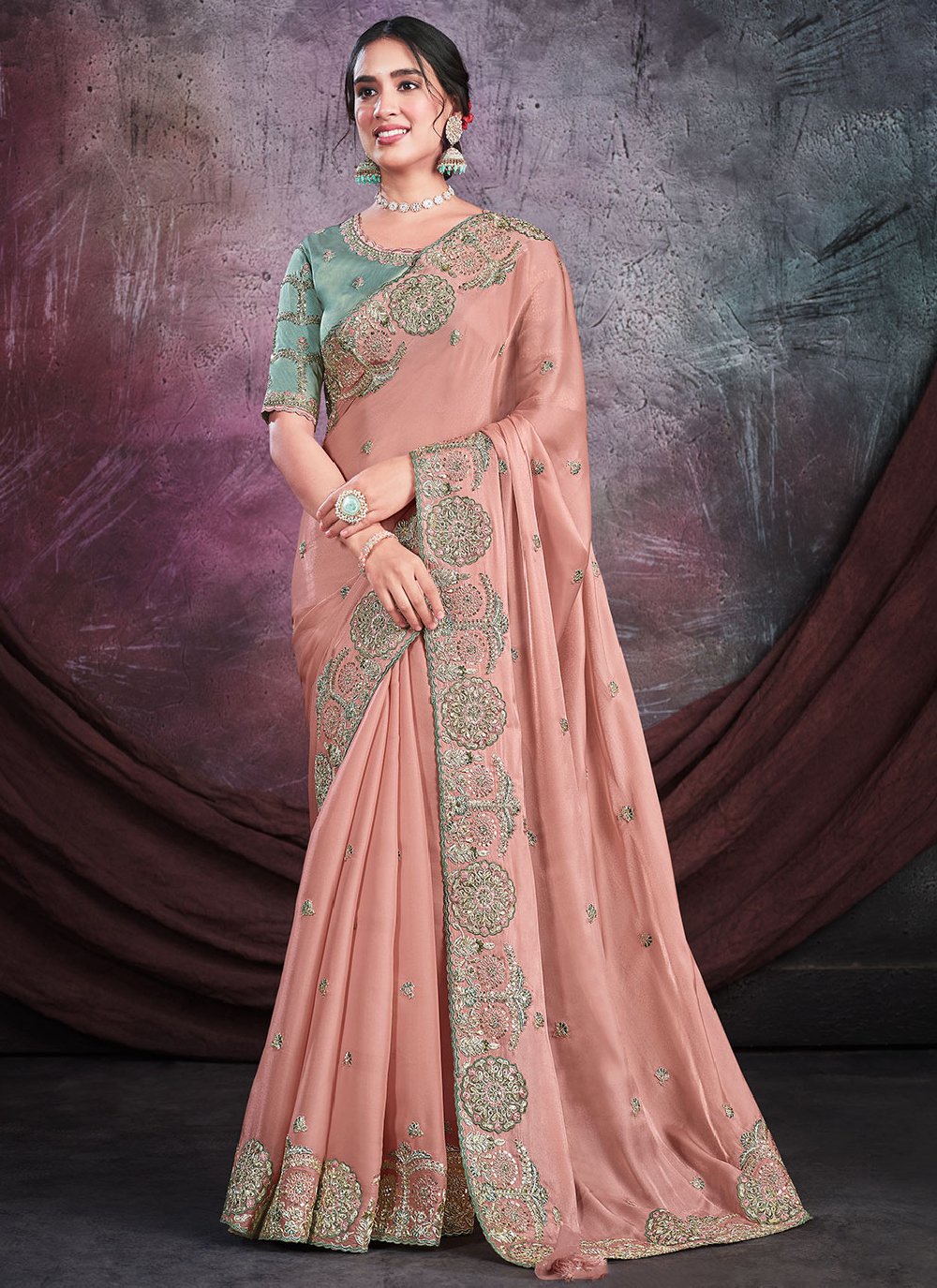 Trendy Saree Organza Shimmer Silk Peach Applique Work Saree