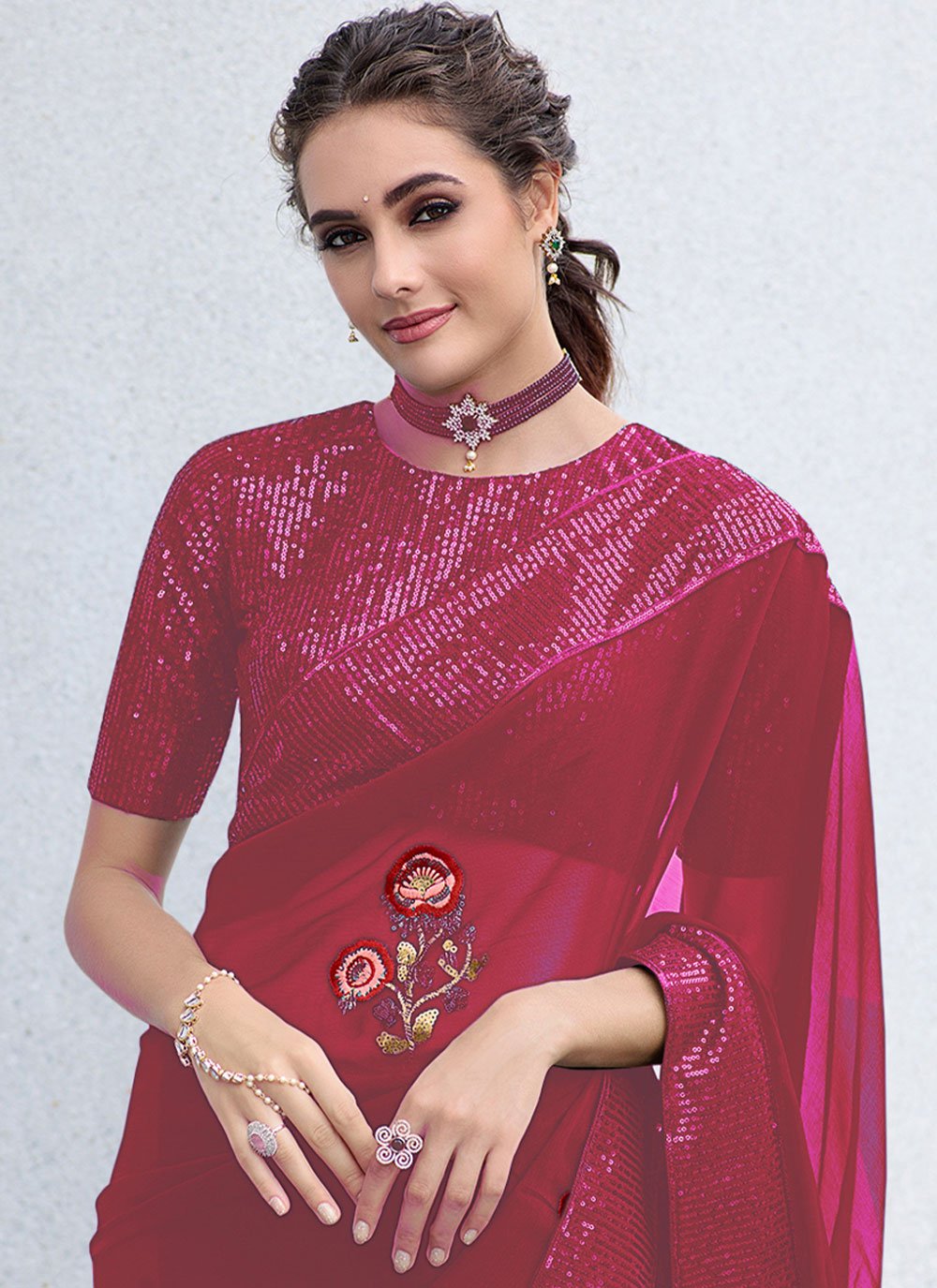 Trendy Saree Shimmer Hot Pink Sequins Saree