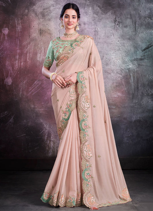 Classic Faux Crepe Georgette Shimmer Pink Cord Work Saree