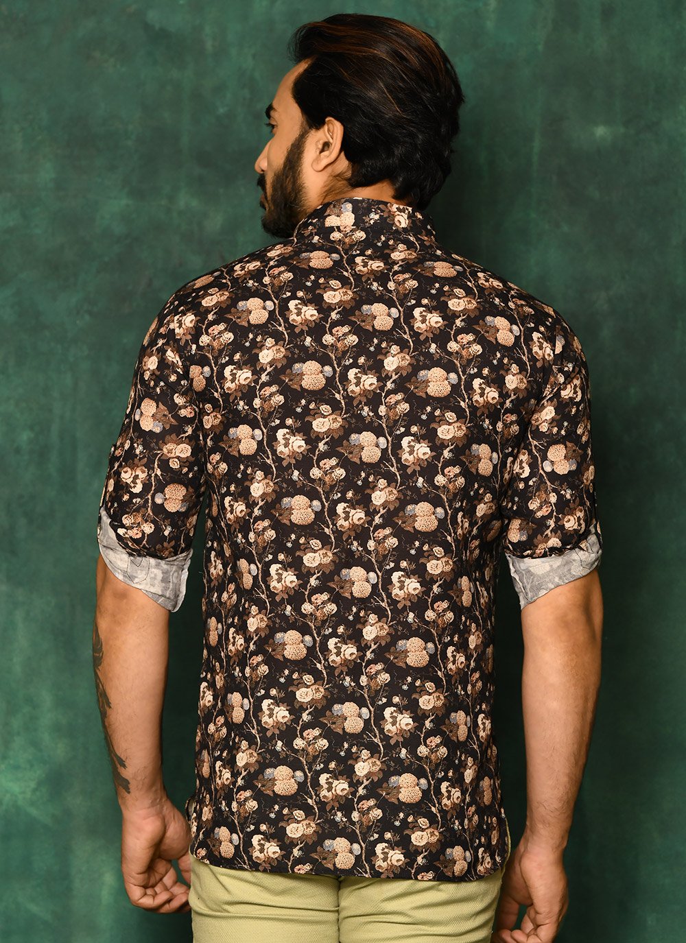 Short Kurta Cotton Black Print Mens