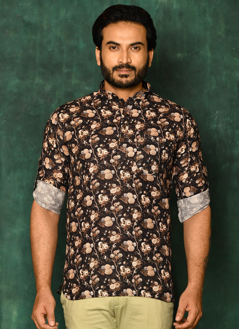 Short Kurta Cotton Black Print Mens