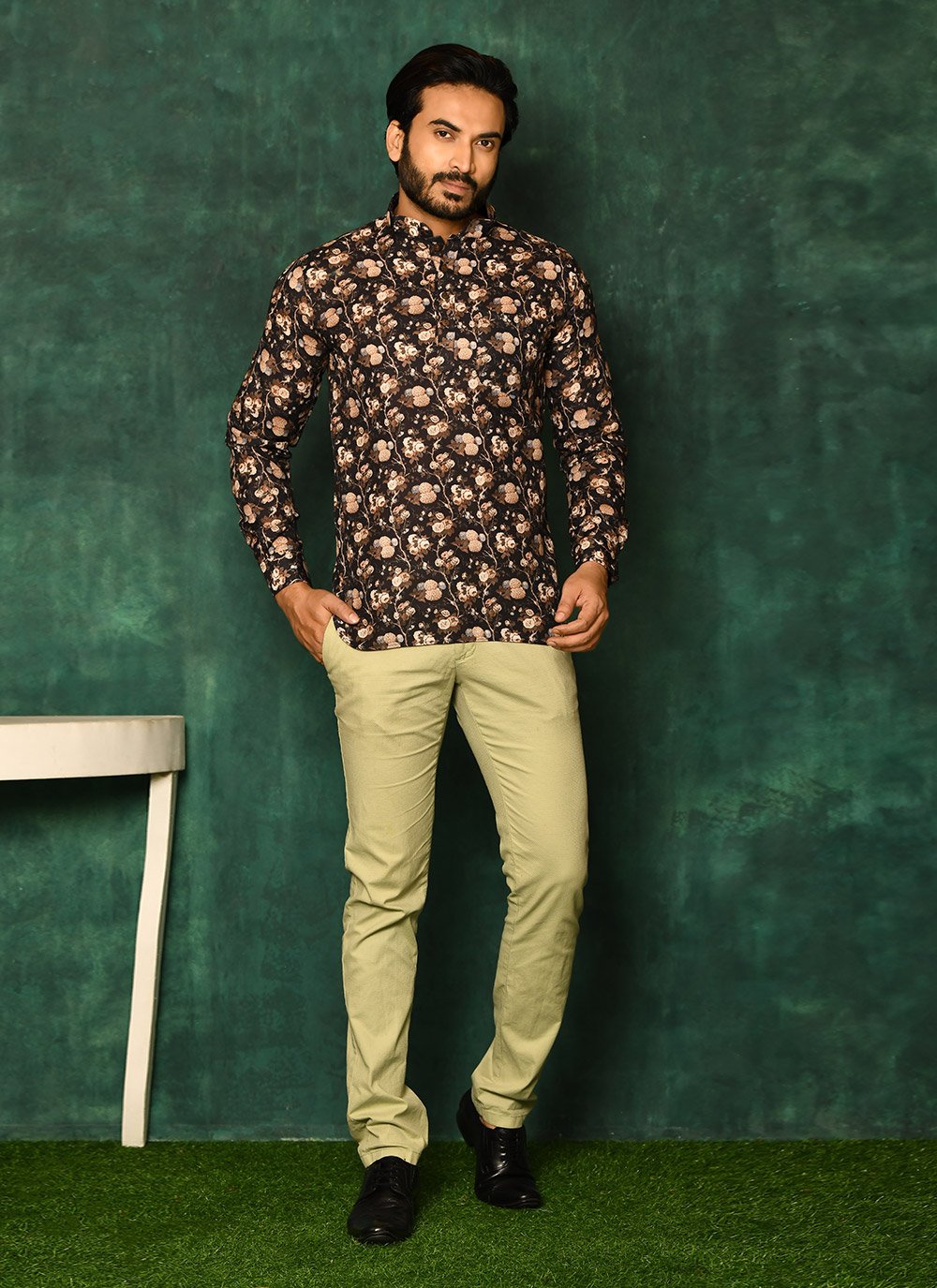 Short Kurta Cotton Black Print Mens