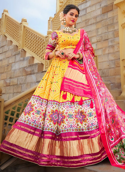 A Line Lehenga Silk Yellow Digital Print Lehenga Choli