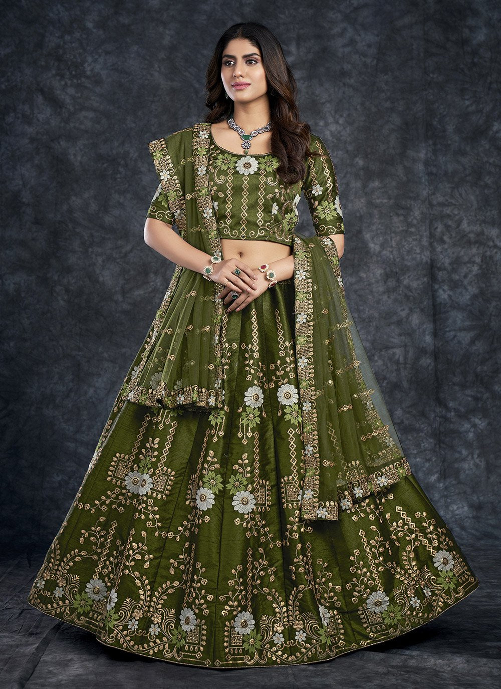 A Line Lehenga Silk Green Dimond Lehenga Choli