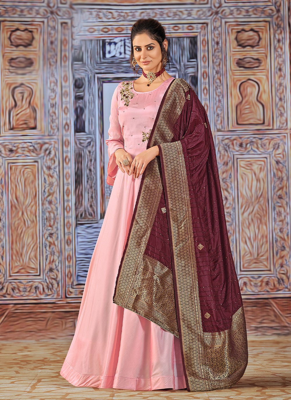Anarkali Suit Silk Pink Embroidered Salwar Kameez
