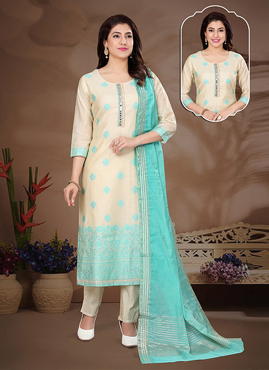 Salwar Suit Silk Aqua Blue Off White Mirror Salwar Kameez