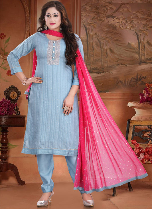 Pant Style Suit Silk Aqua Blue Embroidered Salwar Kameez