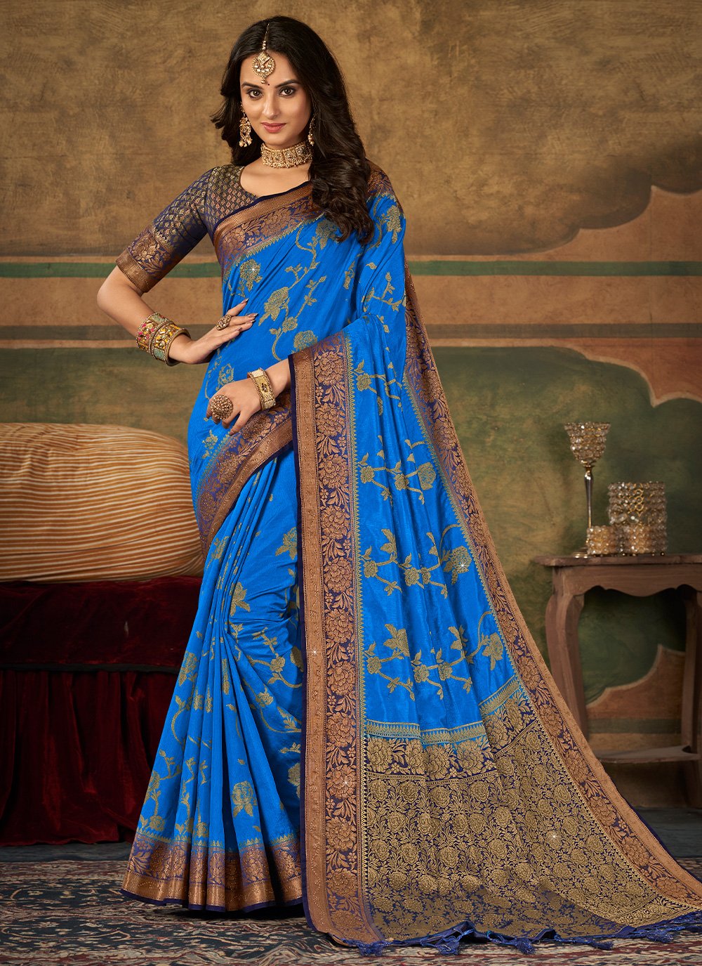 Classic Pure Dola Silk Aqua Blue Swarovski Saree