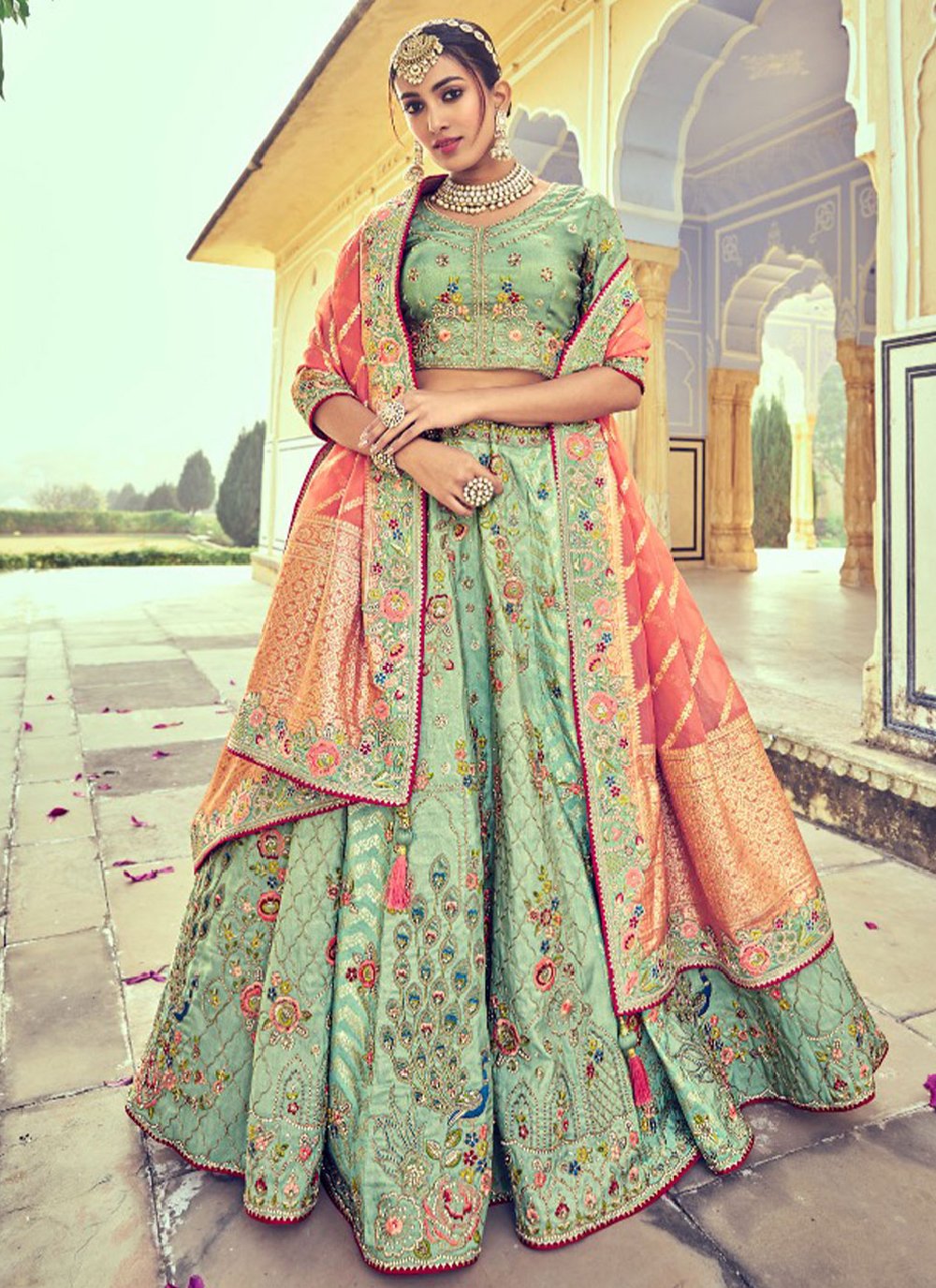 Lehenga Choli Silk Sea Green Beads Lehenga Choli