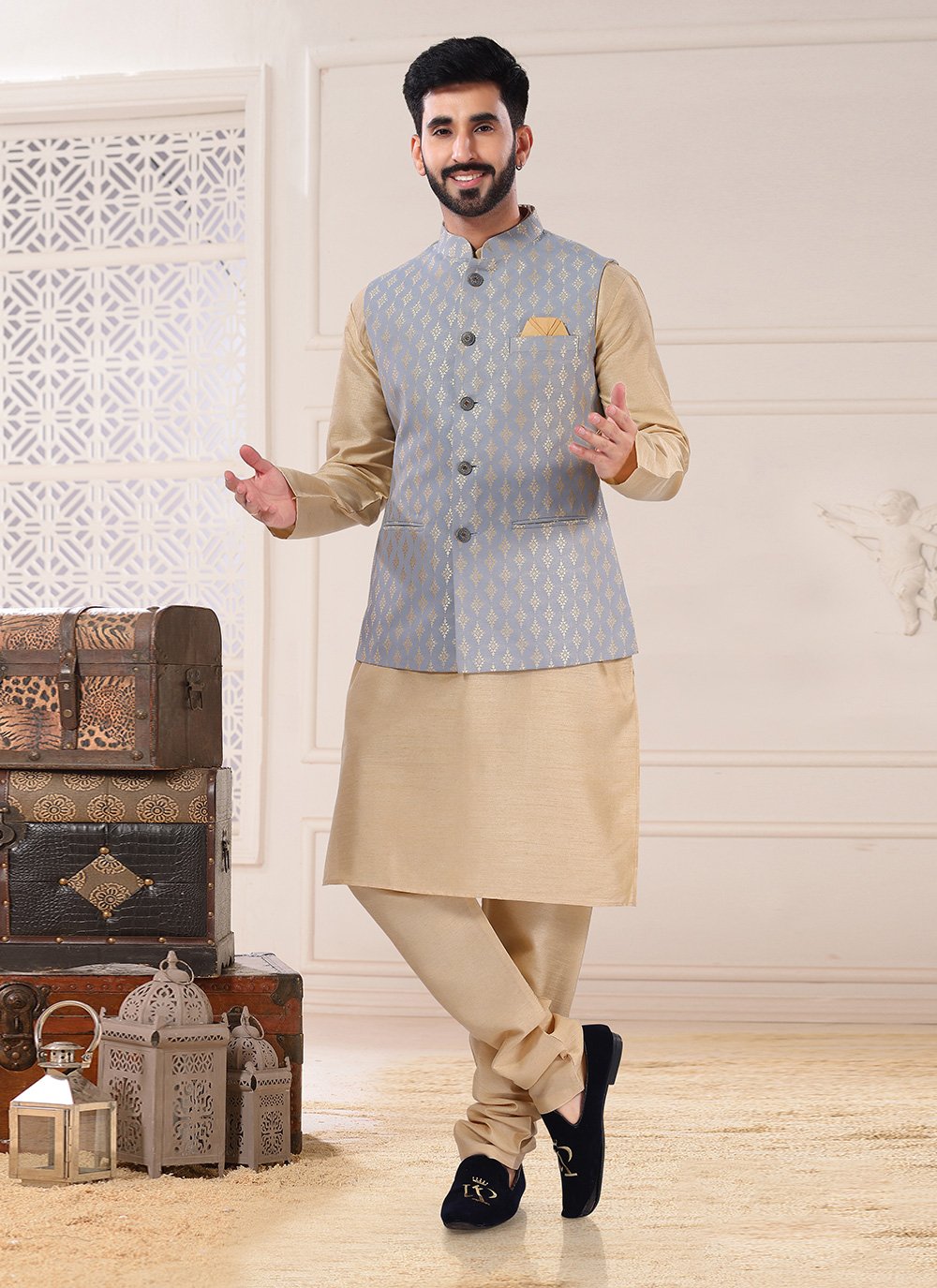 Kurta Payjama With Jacket Silk Beige Grey Embroidered Mens