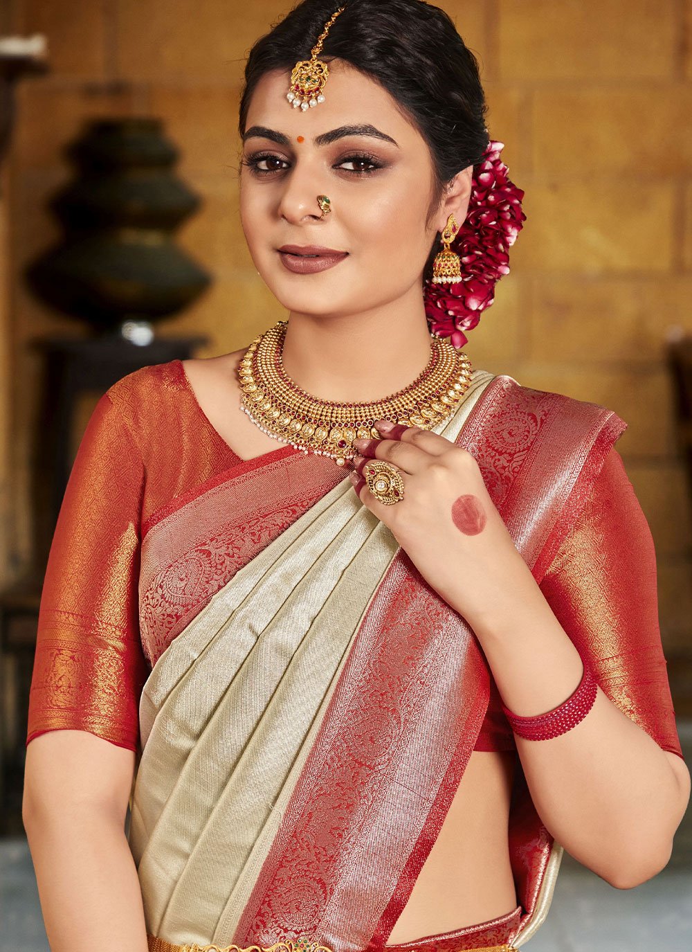 Classic Silk Beige Red Fancy Work Saree