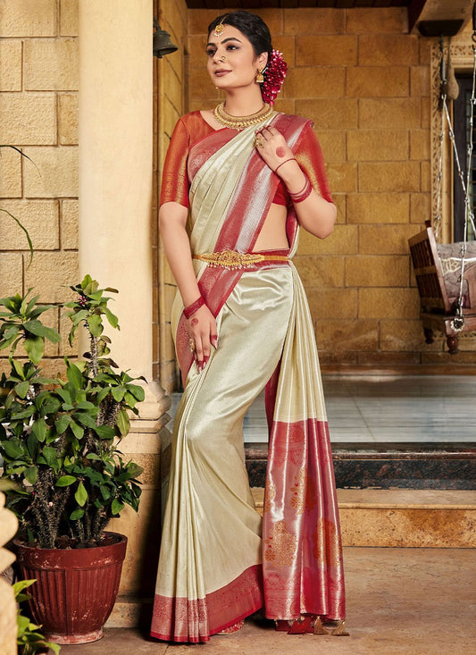 Classic Silk Beige Red Fancy Work Saree