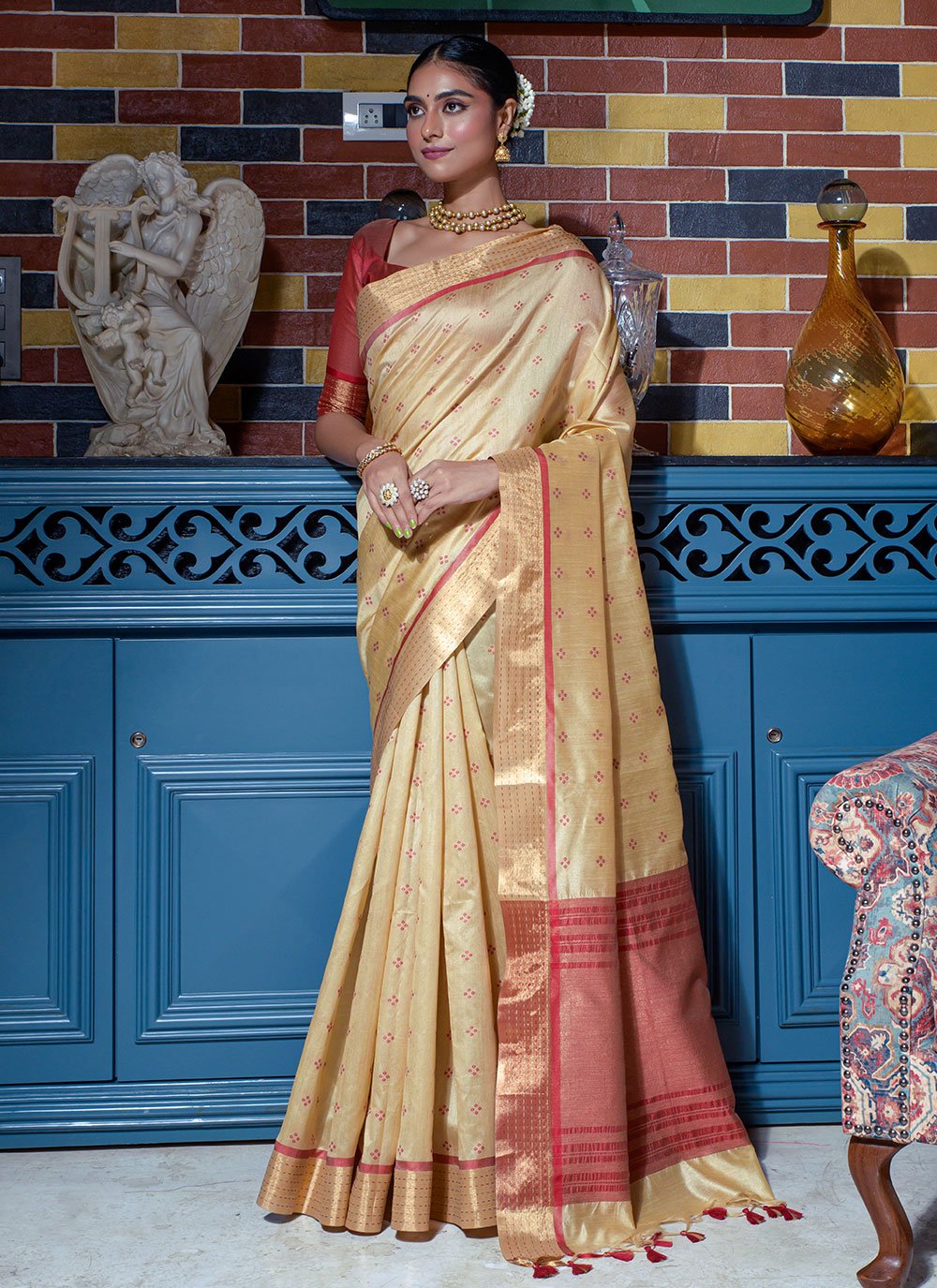 Designer Silk Beige Woven Saree