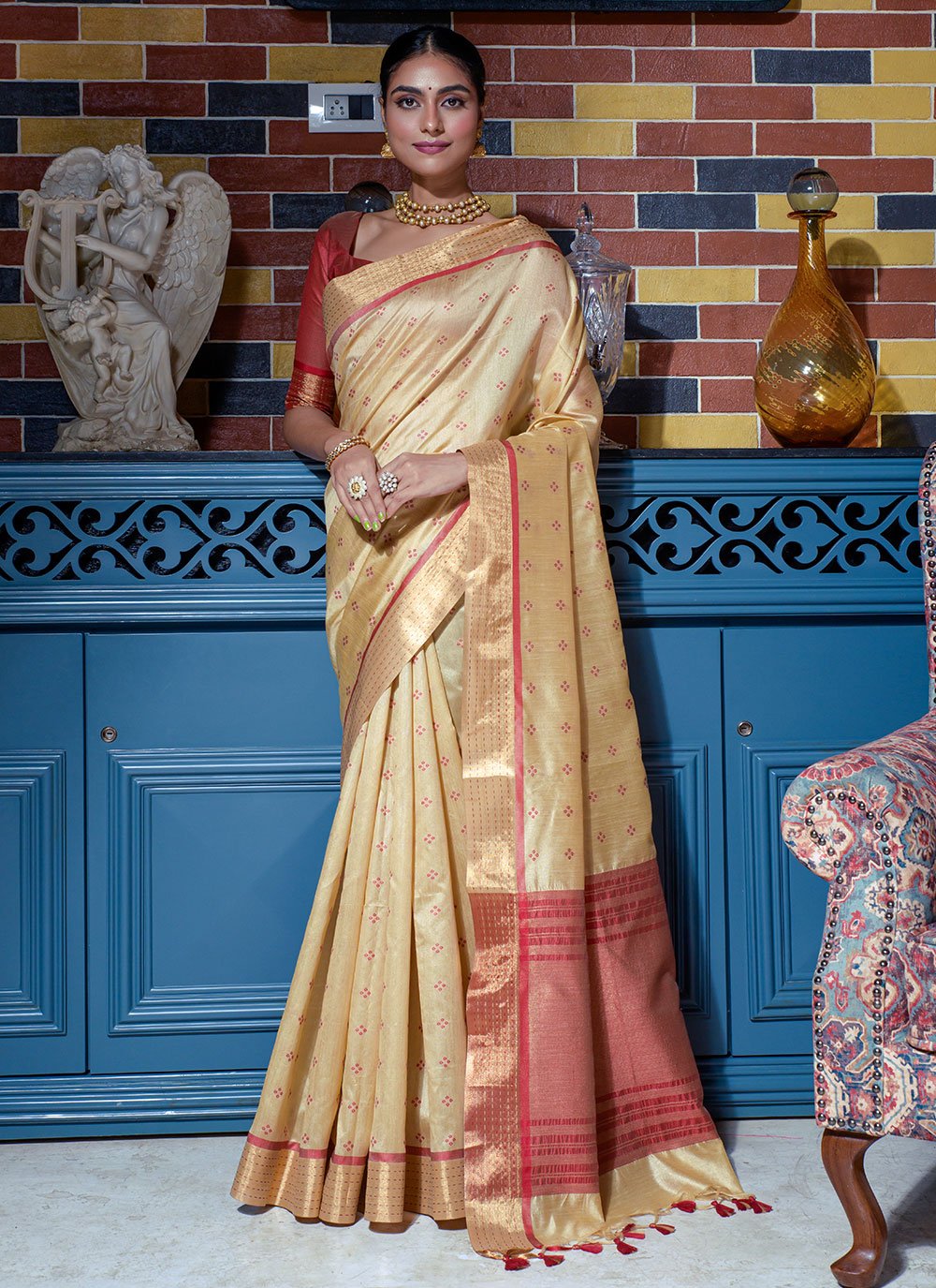 Designer Silk Beige Woven Saree