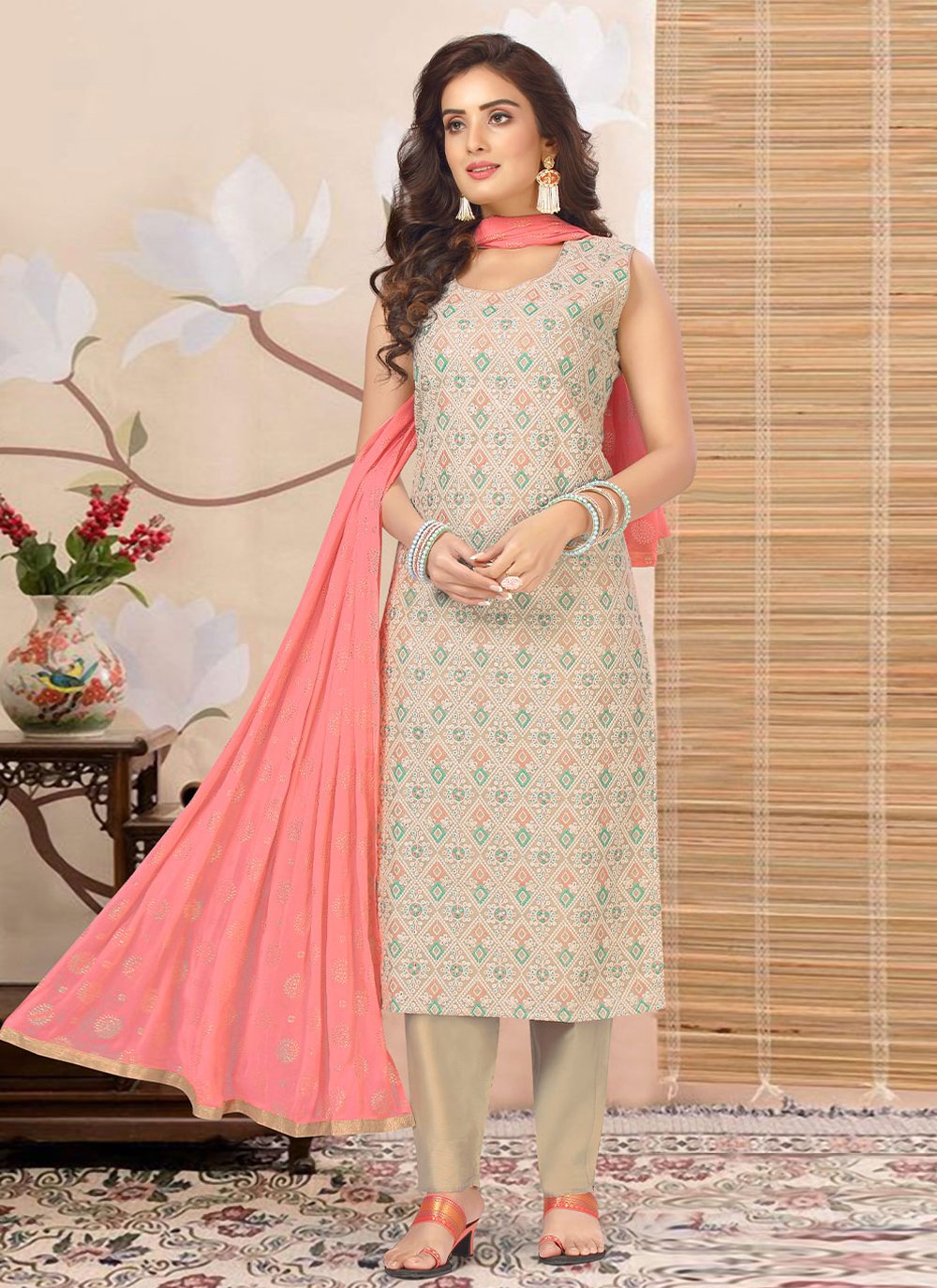 Salwar Suit Silk Beige Embroidered Salwar Kameez