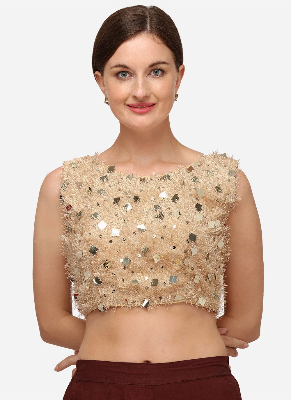 Designer Blouse Silk Beige Sequins Blouse